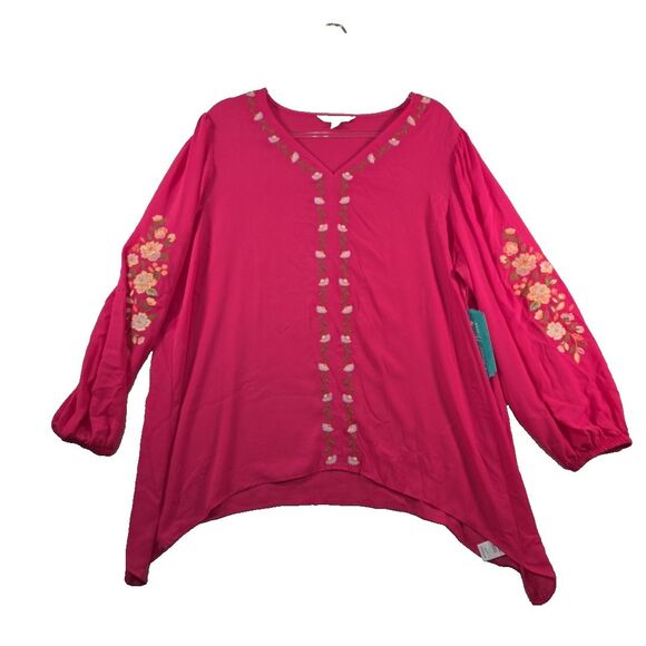 Pioneer Woman Shark Bite Hem Tunic Size XL Pink Peasant Top Embroidered NWT - Picture 1 of 9